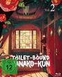 „Vol. 2“, „FSK ab 12 freigegeben“, „Toilet-Bound Hanako-kun“. Illustration eines bunten Raumes mit Blumen und einer Figur.