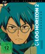 Text: "LOG HORIZON 2", "FSK ab 12 freigegeben". Illustration eines Charakters mit Brille und blauen Haaren in Anime-Stil.
