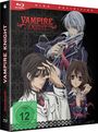 "VAMPIRE KNIGHT", FSK 12. Drei Anime-Charaktere in Schuluniformen, ein Junge mit Pistole und zwei mit ernsten Gesichtsausdrücken.