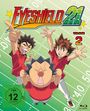 "Eyeshield 21 Volume 2" steht groß geschrieben. Drei fröhliche Anime-Charaktere in roten Shirts befinden sich auf einem Spielfeld.