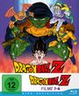 „Dragon Ball Z Filme 1-4“. Ein Held umgeben von bunten, bedrohlichen Charakteren. FSK 12 Symbol und Blu-ray Logo unten.
