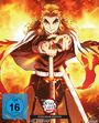 „FSK ab 16 freigegeben“, „Demon Slayer: Mugen Train“, „Steelbook Edition", „4K Ultra HD“. Ein Charakter in Flammen.