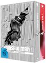 "CHAINSAW MAN", "KETTENSÄGE AUF TEUFELSJAGD", "FSK 16". Illustration eines Mannes mit Kettensägenkopf, Boxset.