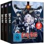 „D.Gray-man Volume 1“ in roter Schrift. Drei Volumes in einem Set. Anime-Figuren und ein großer Schatten im Hintergrund. FSK 16.