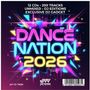 "DANCE NATION 2026" in leuchtenden Farben. Oben: 12 CDs, 200 Tracks, ungemischt. Unten: JAYWORK MUSIC-Logo. Bunte geometrische Formen.