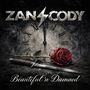 „ZANCODY“ in Metalloptik, „Beautiful 'n Damned“ in geschwungener Schrift, Dolch und Rose vor alter Uhr.