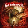 Text "hatebreed" oben, "fatal paradox" unten. Zwei Hände halten einen Pinsel, vor einem Spiegel steht eine kleinere Figur.