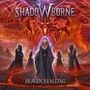Text: "SHADOWBORNE" und "HEAVEN'S FALLING". Illustration: Magier mit Kapuzen und bedrohlicher, feuriger Drache im Hintergrund.