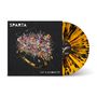 "SPARTA", "CUT A SILHOUETTE". Ein greller, bunter Blumenstrauß auf schwarzem Hintergrund, daneben eine gelb-schwarze Vinyl.