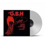 Text: "CHARGED G.B.H LEATHER, BRISTLES, NO SURVIVORS AND SICK BOYS..."  
Illustration: Rotes Punk-Gesicht mit Gedankenblase und sitzender Person. Vinyl-Platte.