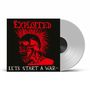 Text: "THE EXPLOITED" und "LET'S START A WAR...". Illustration: Roter Totenkopf mit Irokesenfrisur auf schwarzem Hintergrund.