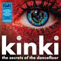Text: "kinki", "the secrets of the dancefloor". Großes Auge nah, rote umgebende Farbe, irisierende Spiegelung einer Party.