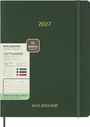 Text: "2027", "MOLESKINE", "15 MONTHS PLANNER", "Weekly Vertical Diary/Planner". Grüner Planer mit elastischem Band.