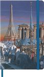 Illustration: Der Eiffelturm und Notre-Dame ragen über die Dächer von Paris mit einem farbenfrohen Himmel im Hintergrund.