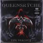 "QUEENSRŸCHE" und "THE VERDICT". Dunkle, mystische Illustration mit Kapuzengestalt und Waagschalen.