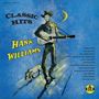"Classic Hits" und "Hank Williams" in Gelb, darunter Songtitel. Illustration eines Mannes mit Gitarre und Hund.