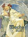 Text: "Vitalis", "Mucha 2027". Illustration einer Frau in einem kunstvollen, floralen Stil mit Krone und Blumenschmuck.
