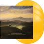 Text: "Warren Haynes Dreams & Songs", "A Symphonic Journey with the Asheville Symphony Orchestra". Ein Gemälde von Bergen bei Sonnenuntergang mit einem einsamen Esel. Zwei gelbe Schallplatten im Hintergrund.