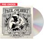 Text: "PRE-ORDER", "PAUL GILBERT", "WROC". Schwarz-weiße Illustration eines Gitarristen in einem dekorativen Rahmen, daneben CD.
