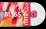 Text: "BLISS", "Temples". Verschwommene, bunte Illustration mit rotem, gelbem und schwarzem Hintergrund. Weiße Vinyl-Schallplatte.