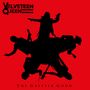 "VELVETEEN QUEEN" und "THE GREATER GOOD". Schwarze Silhouetten von Musikern auf rotem Hintergrund.