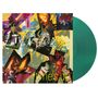 „Living Colour“ oben, „Time’s Up“ unten. Bunte, abstrakte Kunst mit dynamischen Figuren und grüner Vinyl-Schallplatte.