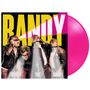 Text: "RANDY" groß in Gelb und Weiß, "THE BAND" unten. Vier Männer in Lederjacken mit Sonnenbrillen. Pinke Vinyl-Schallplatte.