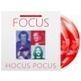 "The Best of Focus" und "Hocus Pocus" stehen in Großbuchstaben über und unter vier Musikerfotos. Zwei rote Platten sind sichtbar.