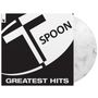 Text: "SPOON", "GREATEST HITS". Schwarz-weißes Design mit großem "T", Schallplatte halb sichtbar.