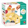 "Hidden Chicks", 2 Spiele in 1, Illustration mit bunten Küken, Henne, Fuchs und Eiern, geeignet ab 3 Jahren.