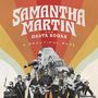 "Samantha Martin and Delta Sugar. A Beautiful Buzz." Retro-Streifenmuster, Musiker mit Instrumenten in schwarz-weiß.