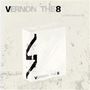 Text: "VERNON THE 8", "1st Mini Album V8". Stilisiertes weißes Cover mit abstrakten schwarzen Linien.