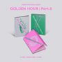 Text: "ATEEZ 14TH MINI ALBUM GOLDEN HOUR: Part.5". Drei Alben in verschiedenen Farben: Weiß, Grün, Pink. Verweise: A Ver., Diary Ver., Z Ver.