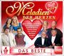 "Melodien der Herzen", Künstlernamen in Herzform, CD-Box "Das Beste". Fotos von Musikern vor rotem Hintergrund mit Herzen.