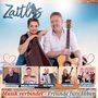 Text: "Zaitlos", "Musik verbindet - Freunde fürs Leben". Menschen mit Musikinstrumenten, darunter Harfe und Gitarre.