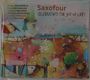 Text: "Saxofour CELEBRATING THE joy OF LIFE!" und Namen von Musikern. 
Illustration: Bunte, abstrakte Landschaft mit Formen und Mustern.