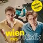 Text: „wien musik 2026“ und „dieses mal mit: Oskar Haag, Laurenz Nikolaus...“. Zwei junge Männer, dahinter ein blauer Motorroller.