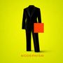 Text: "MODERNISM" in Rot. Schwarzer Anzug, rotes Quadrat, gelber Hintergrund. Minimalistisches Design.