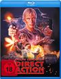 "DOLPH LUNDGREN, DIRECT ACTION, FSK ab 18". Illustration: Person mit Waffe, Explosionen, Action-Szenen, Fahrzeuge.