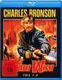 CHARLES BRONSON, Death Wish Teil 1-5, FSK ab 18; Action-Illustration mit bewaffnetem Mann und Stadt im Hintergrund.