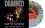 "NOT THE CAPTAIN'S BIRTHDAY PARTY?" Graue Texte auf Schwarz. Links Band auf Bühne, rechts bunter Vinyl-Schallplatte.