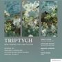 Texte: "TRIPTYCH", "NEW WORKS FOR LOW FLUTES", "WORKS BY AMANDA HARBERG, ALYSSA MERCEDES MENA, DANIEL DORFF".  
Abstraktes Gemälde.