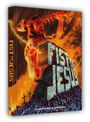 "Fist of Jesus", ein Film von David Muñoz und Adrián Cardona. Illustration mit Jesus, Fischskelett und Kreuzen im Hintergrund.