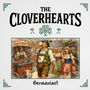 Text oben: "THE CLOVERHEARTS", unten: "Germania!". Illustration: Ein Mann trinkt Bier vor einem Wurststand, umgeben von Leuten.