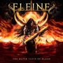 "ELEINE" oben, "THE WATER TASTE OF BLOOD" unten. Illustration: Krieger mit brennender Klinge, Flammen und Wasser im Hintergrund.
