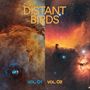 Oben steht "DISTANT BIRDS", unten "VOL. 01" und "VOL. 02". Kosmische Szene mit bunten Nebeln und Sternen.