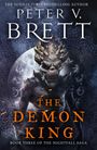 "The Demon King" in orange. Dämonenwesen, dunkler Hintergrund mit mystischen Symbolen. Buchcover von Peter V. Brett.
