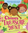 Buchtitel: "Chino's Treasure Hunt". Illustration: Kind mit zwei Erwachsenen, umgeben von bunten Blüten und Schmetterlingen.