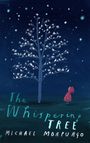 "The Whispering Tree" von Michael Morpurgo. Illustration: Nachthimmel mit Baum voller Vögel und Kind im roten Mantel.