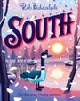 Schriftzug „SOUTH“. Eine bunte Illustration zeigt eine Gans im Schnee am See bei Sonnenuntergang.